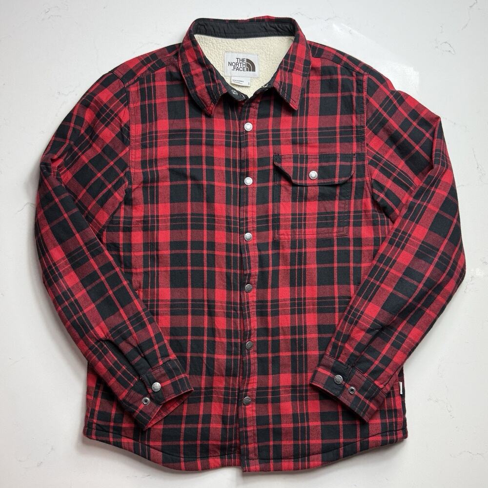The North Face Shirt Jacket Mens Medium Red Black Plaid Sherpa Flannel